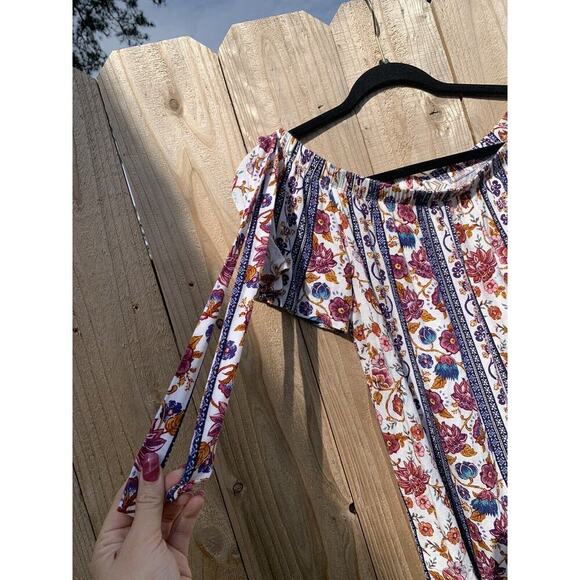 Women's Pink Rose Floral Off-Shoulder Shirt Blouse Top - Medium floral boho - Picture 3 of 6